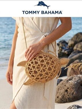 Tommy Bahama Natural Woven Turtle Crossbody Bag with Gold Chain